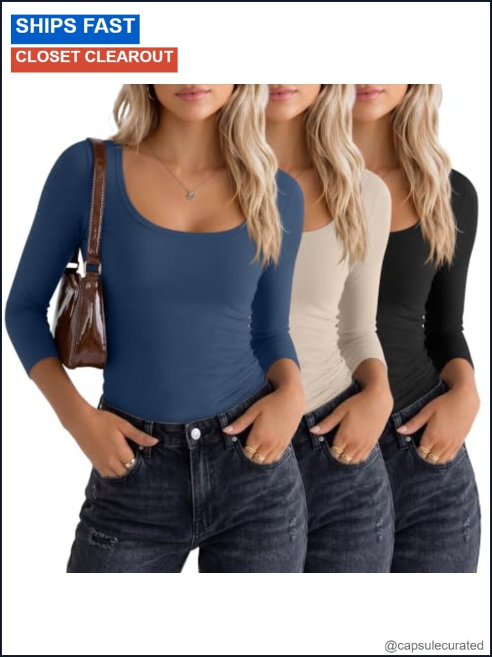 3 Pack Women's 3/4 Length Sleeve Scoop Neck Tee Shirts
